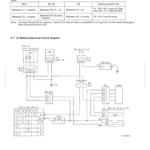 May include: A detailed electrical circuit diagram with text and symbols, including a table with voltage specifications. The diagram shows components like a fuse, battery, and engine stop relay, with labels and connection lines.