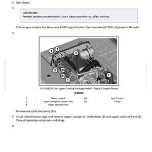 May include: Diagram illustrating the removal and installation of a fan, fan guard, and fan shroud. The image includes a detailed view of engine components, labeled with numbers and a legend. Text instructions are also provided.