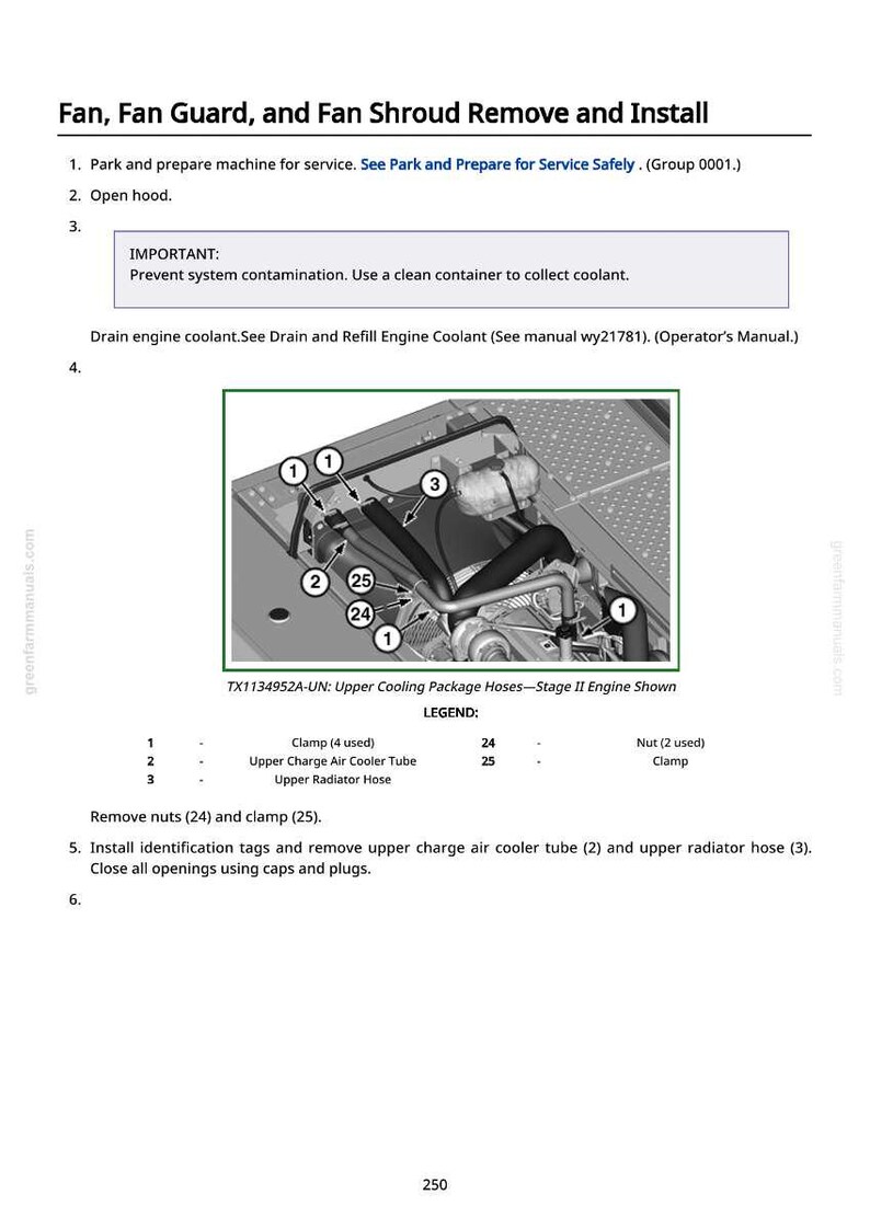 May include: Diagram illustrating the removal and installation of a fan, fan guard, and fan shroud. The image includes a detailed view of engine components, labeled with numbers and a legend. Text instructions are also provided.