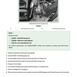 Może przedstawiać: Schemat instalacji sprzętu testowego 90A-1, zawierający oznaczony element silnika i instrukcje. Obraz zawiera listę wymaganych narzędzi: Zestaw wskaźnik&oacute;w kolektora, Elektroniczny wykrywacz nieszczelności i Zestaw do wykrywania wyciek&oacute;w A/C.