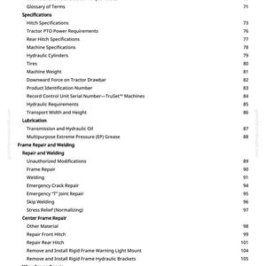 May include: A page from a manual with a table of contents. The headings include specifications, frame repair, welding, and lubrication. The page numbers are listed on the right side.