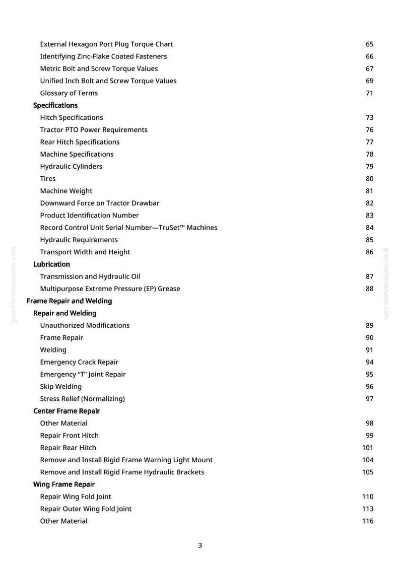 May include: A page from a manual with a table of contents. The headings include specifications, frame repair, welding, and lubrication. The page numbers are listed on the right side.