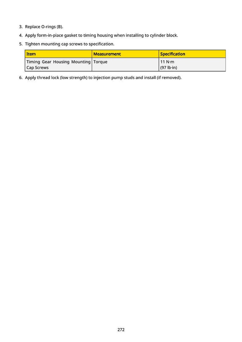 May include: A page from a manual with instructions for automotive repair. The text includes steps for replacing O-rings, applying a gasket, and tightening cap screws. A table specifies torque at 11 N-m (97 lb-in).