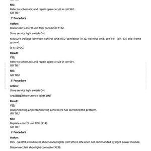 May include: A page from a manual with troubleshooting steps for a vehicle's shoe service lights. The text includes instructions, questions, and results, with references to connectors and voltage checks. The number 4921 is at the bottom.