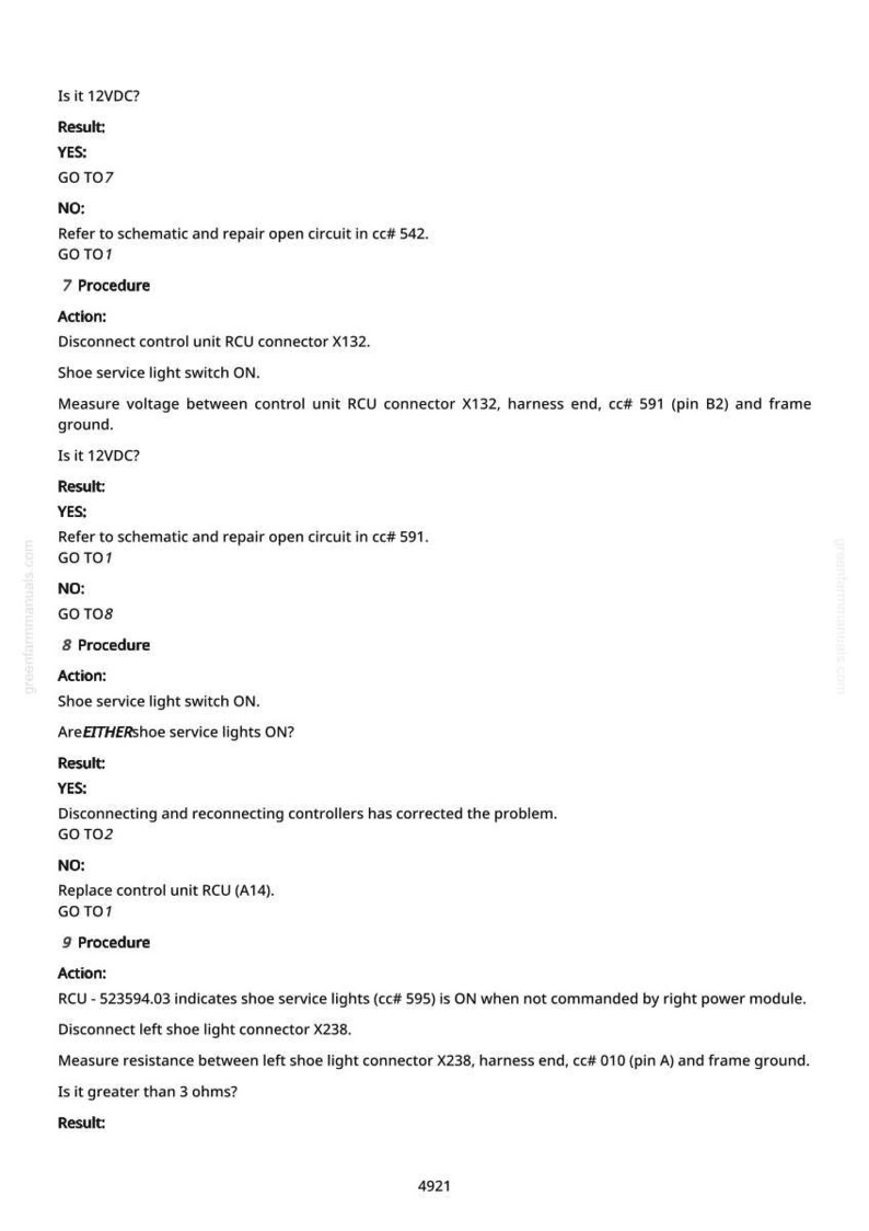 May include: A page from a manual with troubleshooting steps for a vehicle's shoe service lights. The text includes instructions, questions, and results, with references to connectors and voltage checks. The number 4921 is at the bottom.