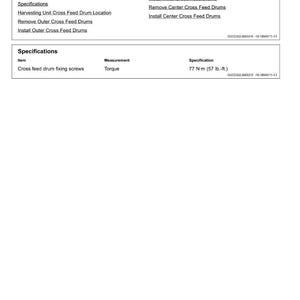 May include: A white document titled "Cross Feed Drums" with a list of references and specifications. The specifications include torque measurements of 77 N-m (57 lb.-ft.) for cross feed drum fixing screws. The document is for 300plus Series Rotary Harvesting Units.