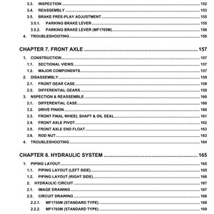 May include: A page from a manual with a table of contents. The text includes chapters on brakes, front axles, and hydraulic systems. The page is white with black text.