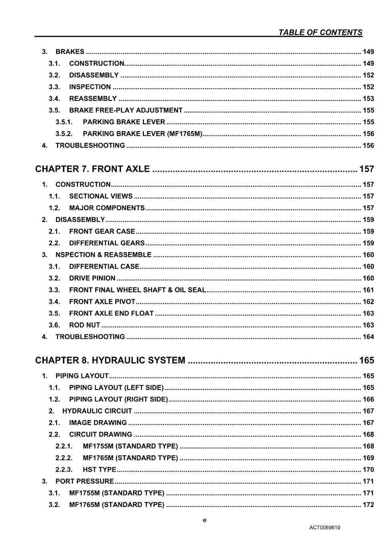 May include: A page from a manual with a table of contents. The text includes chapters on brakes, front axles, and hydraulic systems. The page is white with black text.