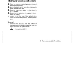 Pu&ograve; includere: Una pagina di un manuale che descrive la rimozione e l'installazione di un gruppo valvola di controllo verricello e contrappeso. Include istruzioni, diagrammi e avvertenze di sicurezza. Il serbatoio idraulico &egrave; di 210 litri.