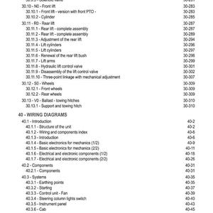 May include: A detailed table of contents from a manual, listing various mechanical and electrical components. Sections include front PTO, rear lift, wheels, wiring diagrams, and systems. The text is in black on a white background.