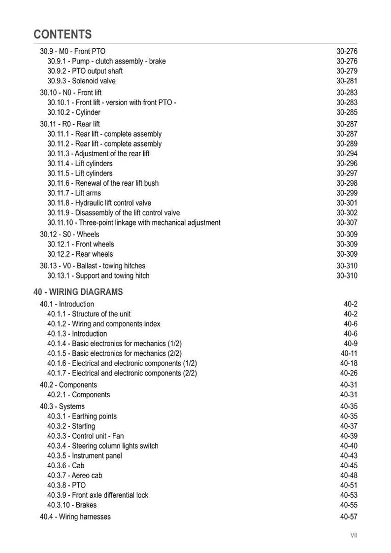 May include: A detailed table of contents from a manual, listing various mechanical and electrical components. Sections include front PTO, rear lift, wheels, wiring diagrams, and systems. The text is in black on a white background.