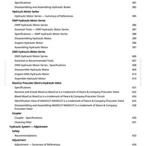 May include: A white page with a detailed table of contents for a manual. The text includes sections on hydraulic brakes, motor series, and valve specifications. Page number 8 is visible at the bottom.