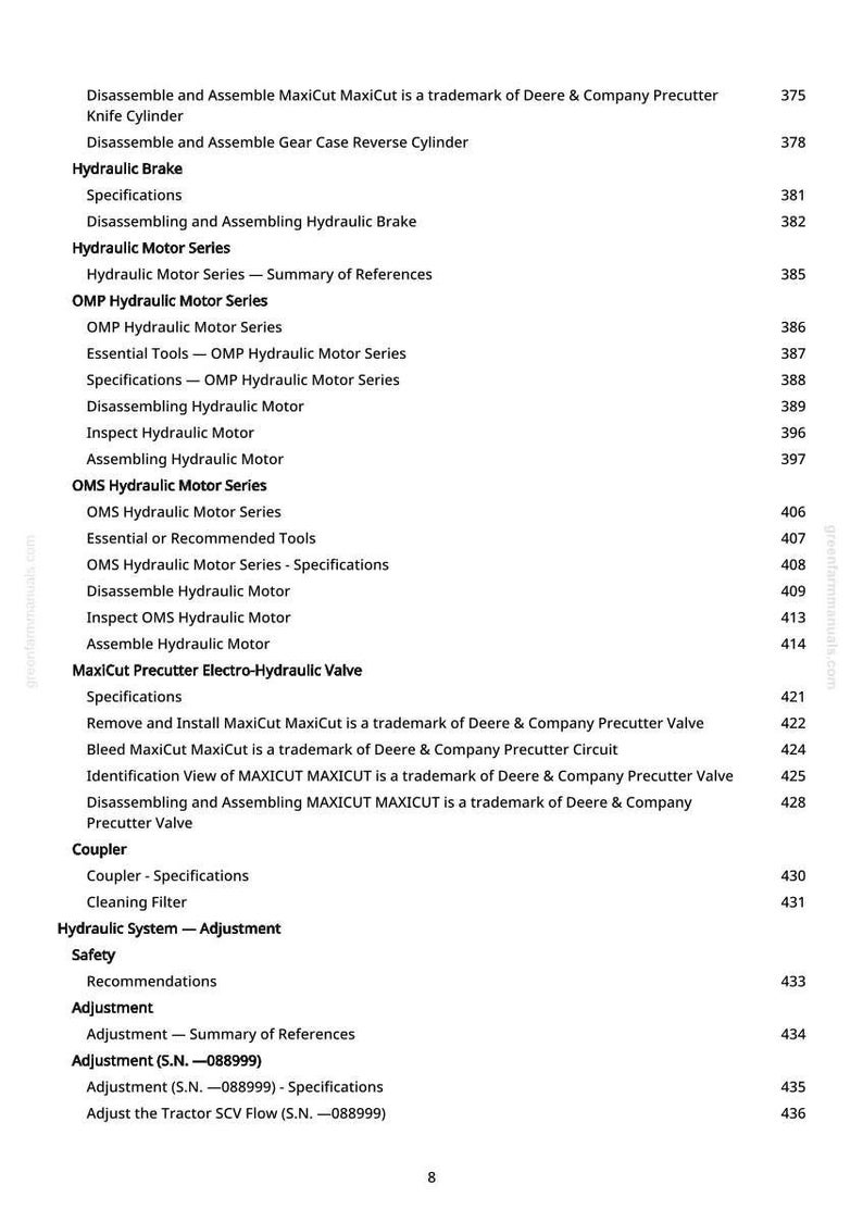 May include: A white page with a detailed table of contents for a manual. The text includes sections on hydraulic brakes, motor series, and valve specifications. Page number 8 is visible at the bottom.