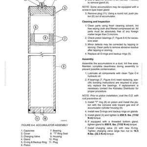 Puede incluir: Diagrama t&eacute;cnico de un conjunto acumulador, con etiquetas para las piezas: tornillo de fijaci&oacute;n, tapa, v&aacute;lvula de carga, junta, junta t&oacute;rica, pist&oacute;n, cojinete, junta t&oacute;rica, carcasa y enchufe. Instrucciones de desmontaje y montaje.