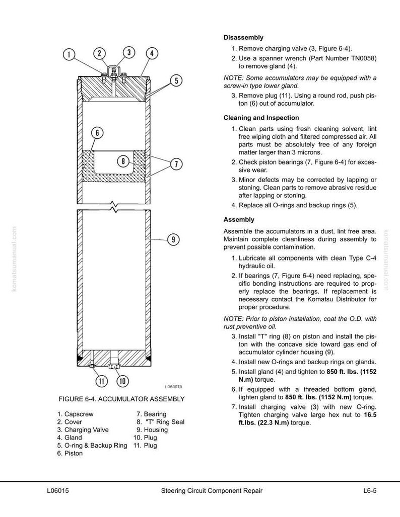 Puede incluir: Diagrama t&eacute;cnico de un conjunto acumulador, con etiquetas para las piezas: tornillo de fijaci&oacute;n, tapa, v&aacute;lvula de carga, junta, junta t&oacute;rica, pist&oacute;n, cojinete, junta t&oacute;rica, carcasa y enchufe. Instrucciones de desmontaje y montaje.