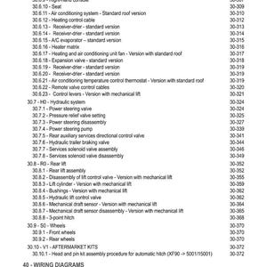May include: A page from a manual titled "CONTENTS" with a list of vehicle component names and corresponding page numbers. The list includes items like "Cab access steps," "Instrument panel," and "Wiring Diagrams."