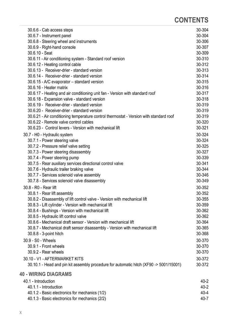 May include: A page from a manual titled "CONTENTS" with a list of vehicle component names and corresponding page numbers. The list includes items like "Cab access steps," "Instrument panel," and "Wiring Diagrams."