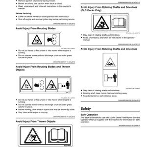 May include: A safety manual page with warnings about mower operation. It includes illustrations and text about avoiding injury from rotating blades, shafts, and thrown objects. The manual emphasizes the importance of reading and understanding safety instructions.