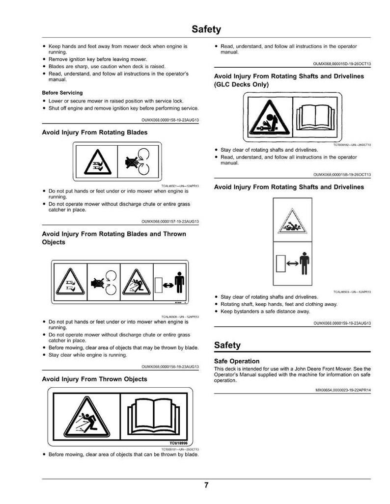 May include: A safety manual page with warnings about mower operation. It includes illustrations and text about avoiding injury from rotating blades, shafts, and thrown objects. The manual emphasizes the importance of reading and understanding safety instructions.
