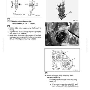 Peut inclure: Sch&eacute;ma de composants de moteur avec &eacute;tiquettes et mesures. Comprend un boulon de fixation de couvercle (19) avec des sp&eacute;cifications de couple et des instructions pour l'installation de la pompe d'alimentation.