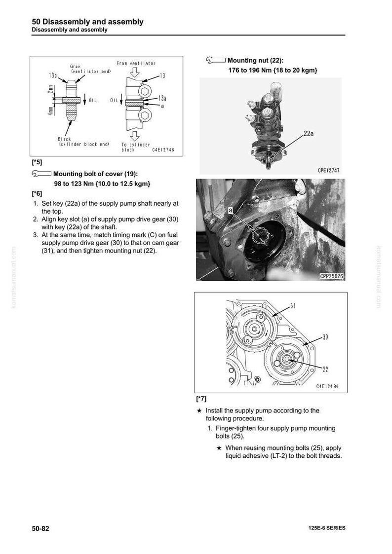 Peut inclure: Sch&eacute;ma de composants de moteur avec &eacute;tiquettes et mesures. Comprend un boulon de fixation de couvercle (19) avec des sp&eacute;cifications de couple et des instructions pour l'installation de la pompe d'alimentation.