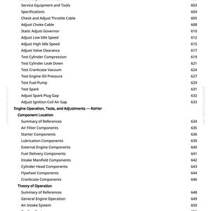 May include: A page from a manual with a detailed table of contents for engine tests, adjustments, and component locations. The text includes topics like "Engine Will Not Crank" and "Adjust Choke Cable."