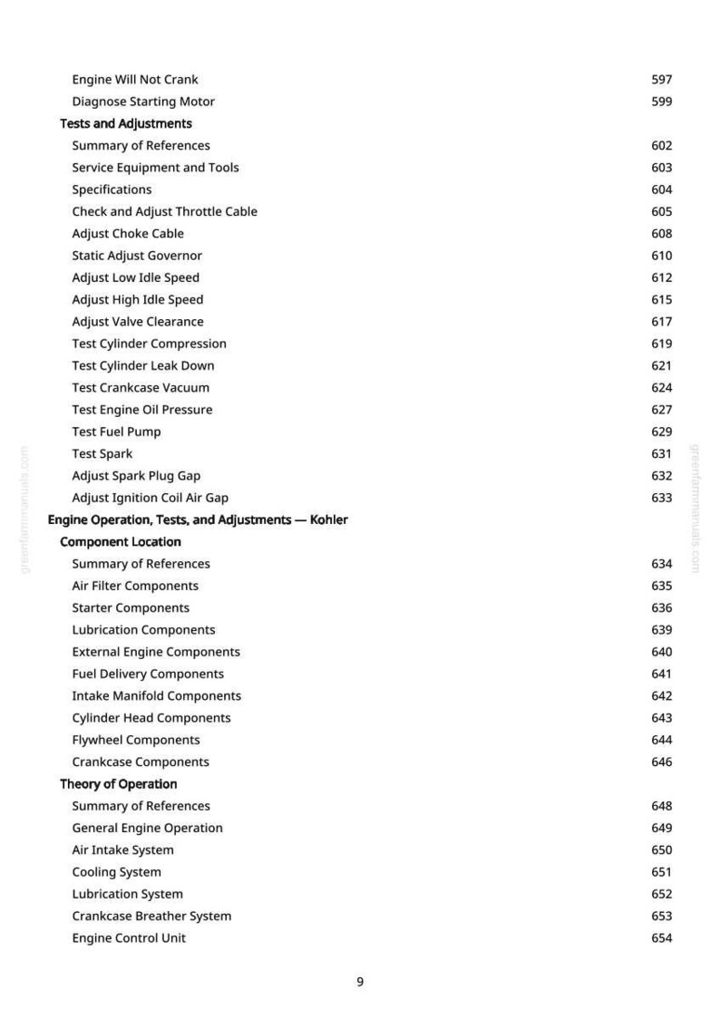 May include: A page from a manual with a detailed table of contents for engine tests, adjustments, and component locations. The text includes topics like "Engine Will Not Crank" and "Adjust Choke Cable."