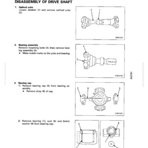 May include: Diagram of drive shaft disassembly steps, including splined yoke, bearing assembly, and bearing cap components. The image includes numbered parts and text instructions for each step, with the text "DISASSEMBLY OF DRIVE SHAFT".