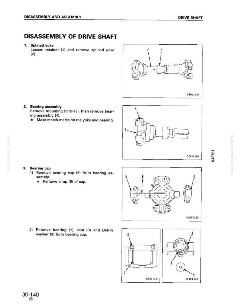 May include: Diagram of drive shaft disassembly steps, including splined yoke, bearing assembly, and bearing cap components. The image includes numbered parts and text instructions for each step, with the text "DISASSEMBLY OF DRIVE SHAFT".
