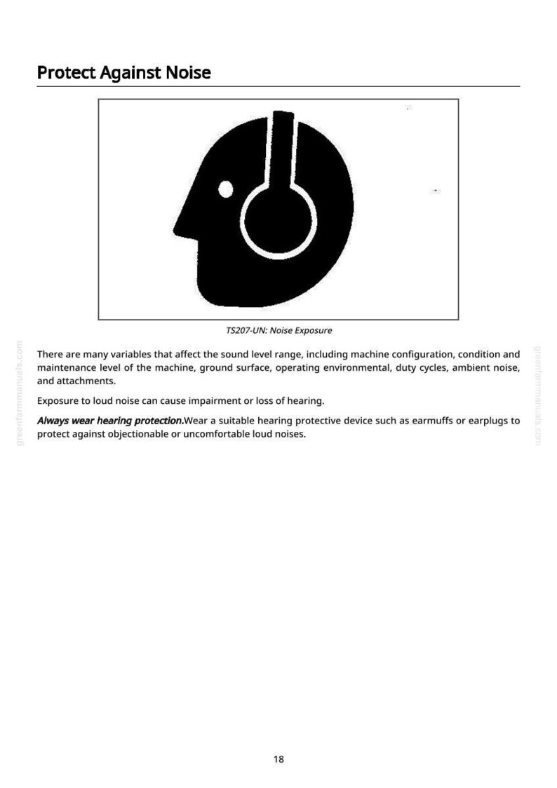 May include: Black and white graphic illustrating a human head wearing headphones. The text "Protect Against Noise" is at the top. Below the graphic is the text "TS207-UN: Noise Exposure".