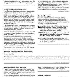 May include: A page from a John Deere operator's manual, featuring sections on product information, safety, and attachments. The manual includes warnings and instructions for machine operation and maintenance.