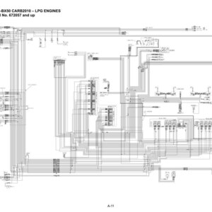Op de afbeelding: Een gedetailleerd technisch diagram van het elektrische systeem van een motor, met talrijke lijnen, connectoren en componenten. Het diagram bevat tekst die het motortype en het serienummer aangeeft. De afbeelding is in zwart-wit.
