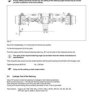 May include: Diagram of a vehicle steering assembly with numbered components and technical instructions. Includes text on setting the steering angle, leakage tests, and tightening torque specifications. The image is a technical illustration.