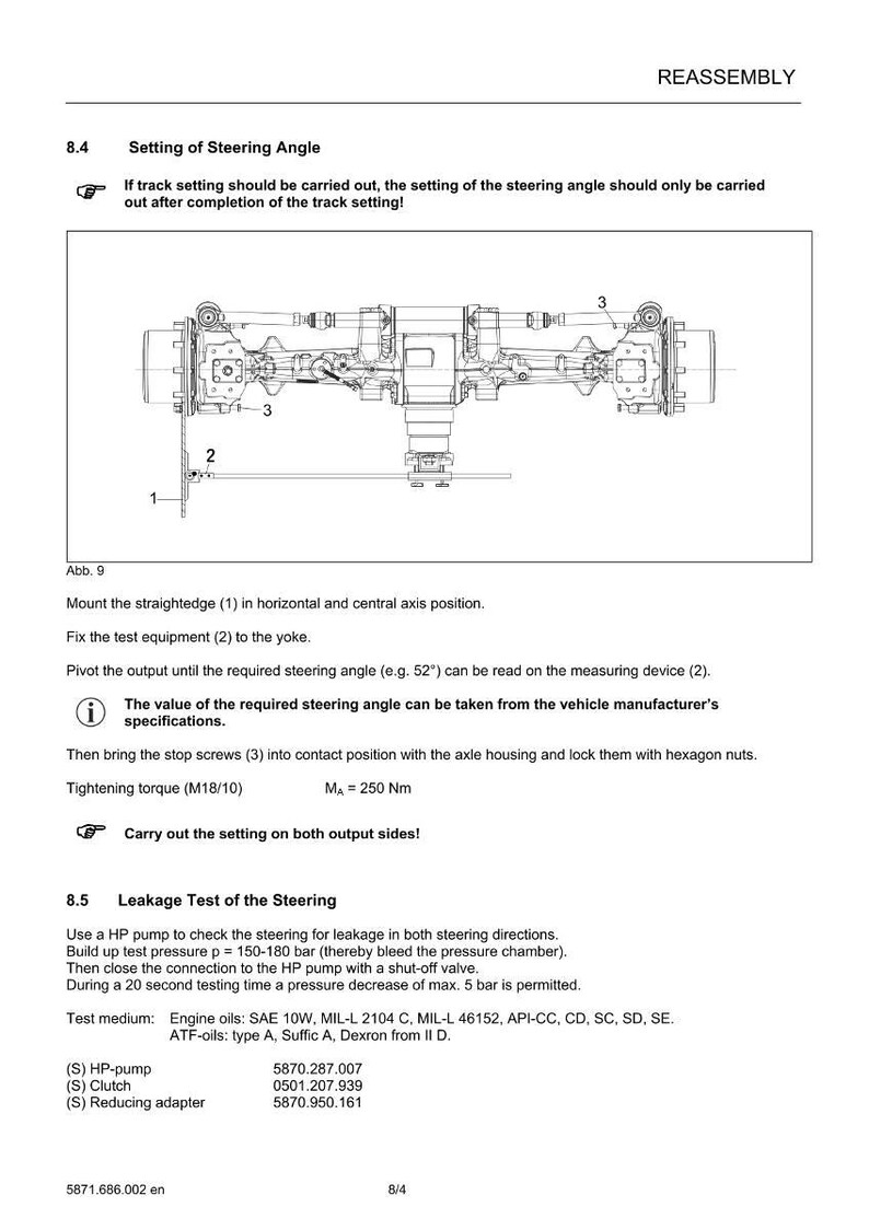 May include: Diagram of a vehicle steering assembly with numbered components and technical instructions. Includes text on setting the steering angle, leakage tests, and tightening torque specifications. The image is a technical illustration.