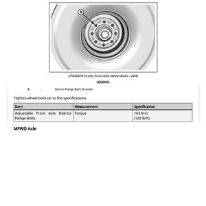 May include: Diagram of a front axle wheel with 16 bolts, labeled 'A'. The text reads 'Tighten Wheel Bolts - Front Axle' and includes torque specifications of 163 N-m (120 lb-ft) for adjustable front axle flange bolts.