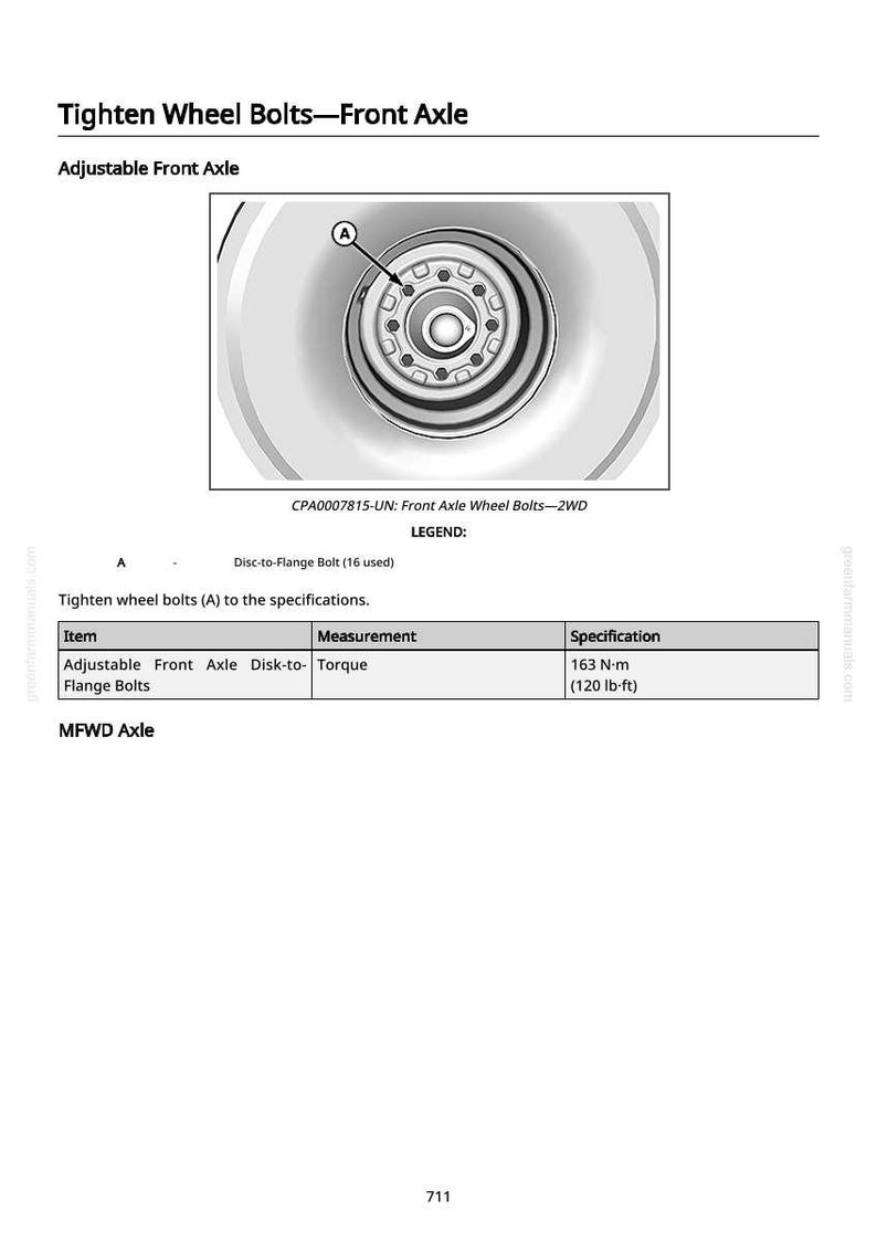 May include: Diagram of a front axle wheel with 16 bolts, labeled 'A'. The text reads 'Tighten Wheel Bolts - Front Axle' and includes torque specifications of 163 N-m (120 lb-ft) for adjustable front axle flange bolts.