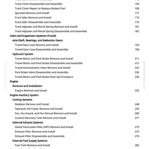 May include: A white page with a table of contents from greenfarmmanuals.com. The text lists various mechanical procedures, including "Inspect Metal Face Seals," "Track Chain Remove and Install," and "Engine Remove and Install."