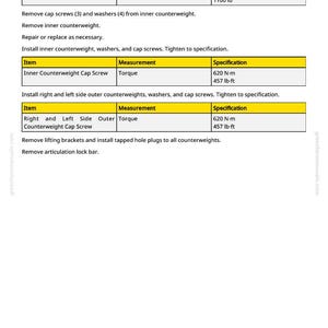 Puede incluir: Una p&aacute;gina de manual con tablas que detallan medidas y especificaciones de componentes de maquinaria. Incluye peso en kg y par motor en N-m. El texto proporciona instrucciones para la instalaci&oacute;n y extracci&oacute;n de contrapesos.
