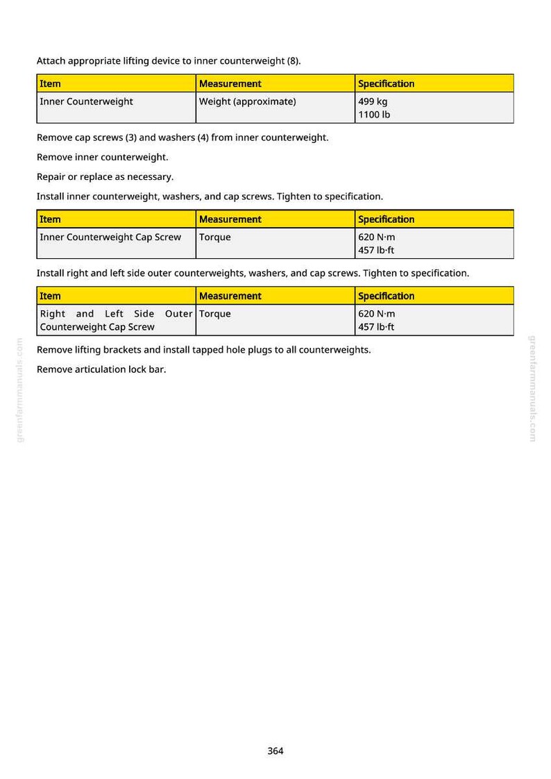 Puede incluir: Una p&aacute;gina de manual con tablas que detallan medidas y especificaciones de componentes de maquinaria. Incluye peso en kg y par motor en N-m. El texto proporciona instrucciones para la instalaci&oacute;n y extracci&oacute;n de contrapesos.