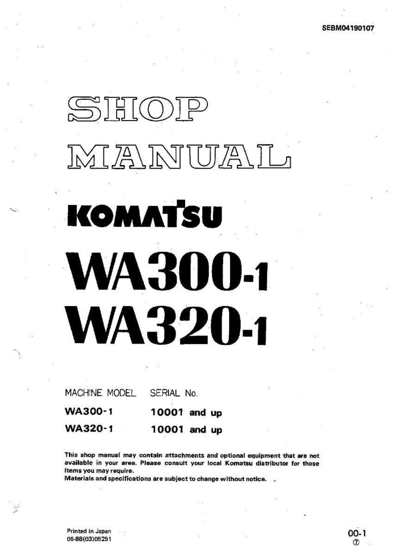 May include: A white shop manual with black text. The title "SHOP MANUAL" is at the top, followed by "KOMATSU" and "WA300-1 WA320-1". Below are machine model and serial number details.