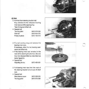 May include: Technical diagram illustrating automotive hub disassembly. The image shows detailed steps, including removing the O-ring, pulling the hub, and removing the bearing inner race. Tools like pullers and side bars are also shown.