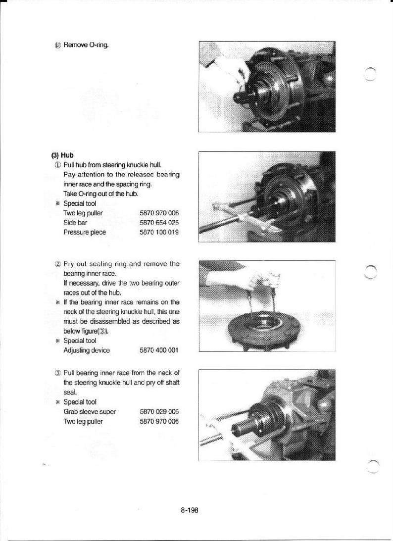 May include: Technical diagram illustrating automotive hub disassembly. The image shows detailed steps, including removing the O-ring, pulling the hub, and removing the bearing inner race. Tools like pullers and side bars are also shown.