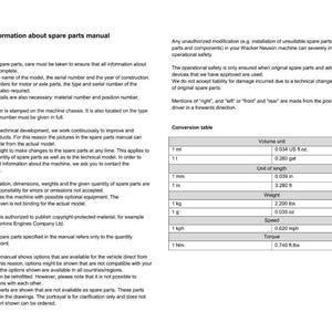 May include: A page from a spare parts manual with text and a conversion table. The text provides general information about ordering parts, including model names, serial numbers, and technical details. The conversion table includes volume, length, weight, speed, and torque.