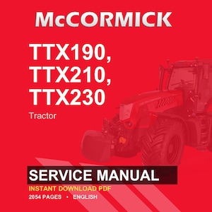 May include: Red service manual cover for McCormick tractors. The cover features the McCormick logo, tractor model numbers TTX190, TTX210, and TTX230, and a tractor image. The text "SERVICE MANUAL" is also displayed.
