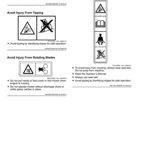 May include: A white page with safety labels and instructions. The labels warn against crushing, tipping, and rotating blades. Text includes safety precautions like wearing seat belts and avoiding slopes.