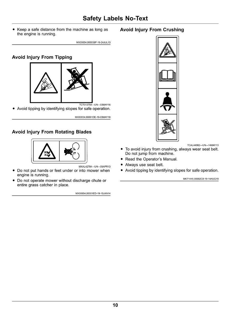 May include: A white page with safety labels and instructions. The labels warn against crushing, tipping, and rotating blades. Text includes safety precautions like wearing seat belts and avoiding slopes.