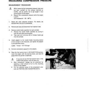 May include: A page from a manual titled "Measuring Compression Pressure." The text details a measurement procedure, including adjusting valve clearance, removing parts, and connecting a gauge. An image shows engine components. The oil temperature should be between 40-60&deg;C.