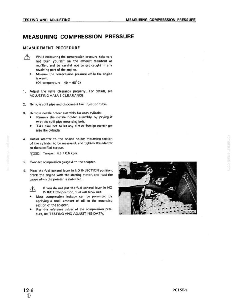 May include: A page from a manual titled "Measuring Compression Pressure." The text details a measurement procedure, including adjusting valve clearance, removing parts, and connecting a gauge. An image shows engine components. The oil temperature should be between 40-60&deg;C.