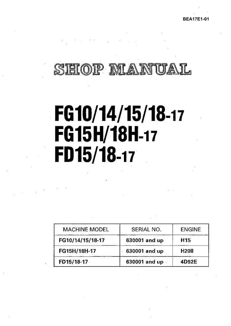 Puede incluir: Un manual de taller blanco con el t&iacute;tulo "SHOP MANUAL" en una fuente estilizada. El manual enumera los modelos de m&aacute;quinas FG10/14/15/18-17, FG15H/18H-17 y FD15/18-17, junto con los n&uacute;meros de serie y los tipos de motor. El documento est&aacute; etiquetado BEA17E1-01.