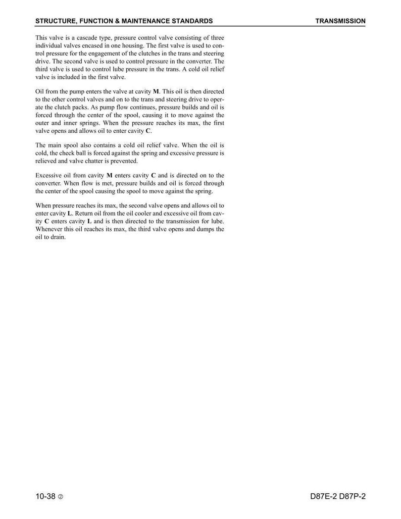 K&ouml;nnte beinhalten: Eine Manuskriptseite mit der &Uuml;berschrift "STRUCTURE, FUNCTION & MAINTENANCE STANDARDS" und dem Wort "TRANSMISSION" oben. Der Text beschreibt ein Kaskaden-Druckregelventil und seine Funktionen. Unten auf der Seite stehen die Nummern "10-38" und "D87E-2 D87P-2".